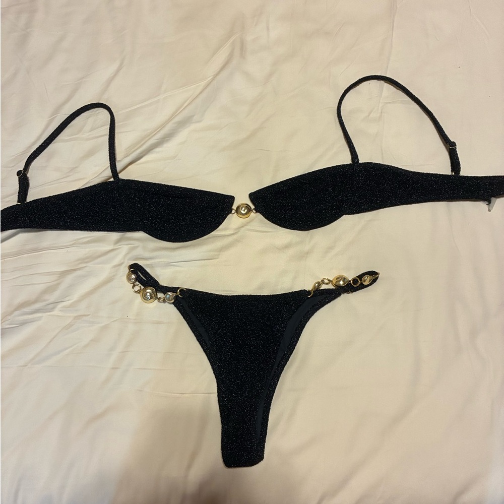 Black Sparkle Two-Piece Bikini with Gold Hardware - Women Swim